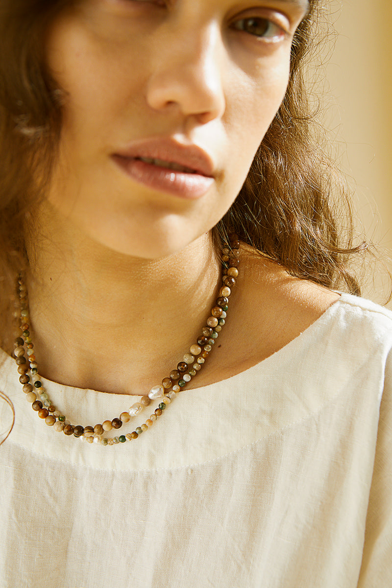 On The Nature Of Things wood bead and pearl necklace