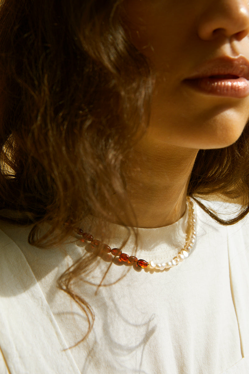 On The Nature Of Things amber seed bead and pearl necklace
